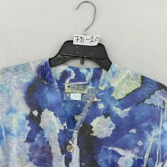 Impulse California Blouse Womens Sz S Blue V-Neck Button Front Roll Tab Sequined - Picture 8 of 8